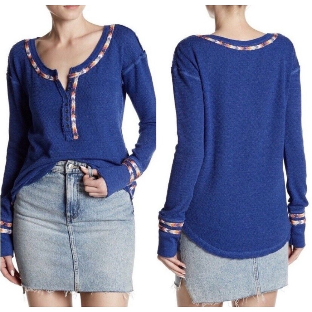 We The Free People Thermal Rainbow Blue Henley Top Embroidered Sz M
